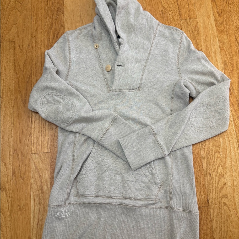 Vtg Ralph Lauren Rugby Beige Hoodie Kangaroo Pockets Elbow Patches size M - Picture 7 of 14